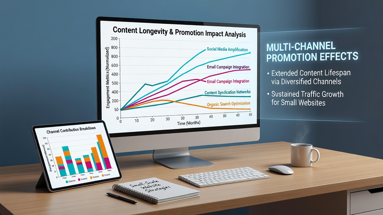 Comparison infographic of content performance metrics before and after implementing multi-channel strategies on independent websites