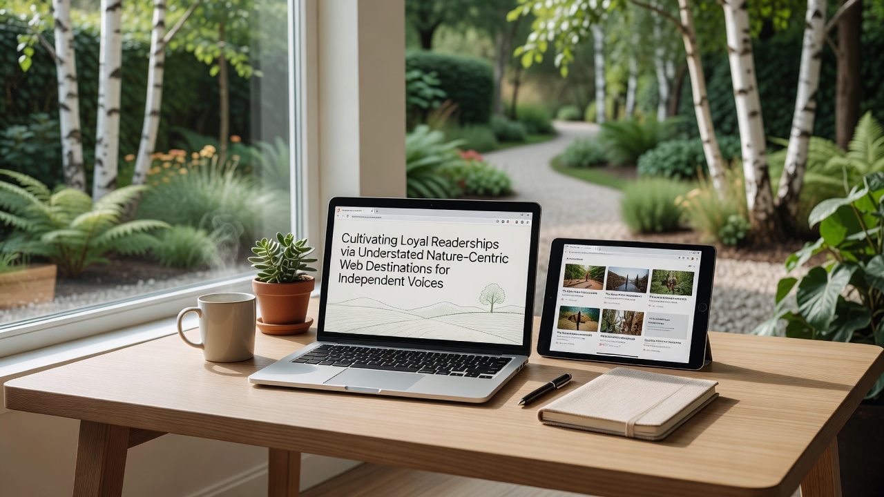 Quiet woodland scene integrated into a simple blog interface, illustrating how independent voices use nature elements to create welcoming online spaces