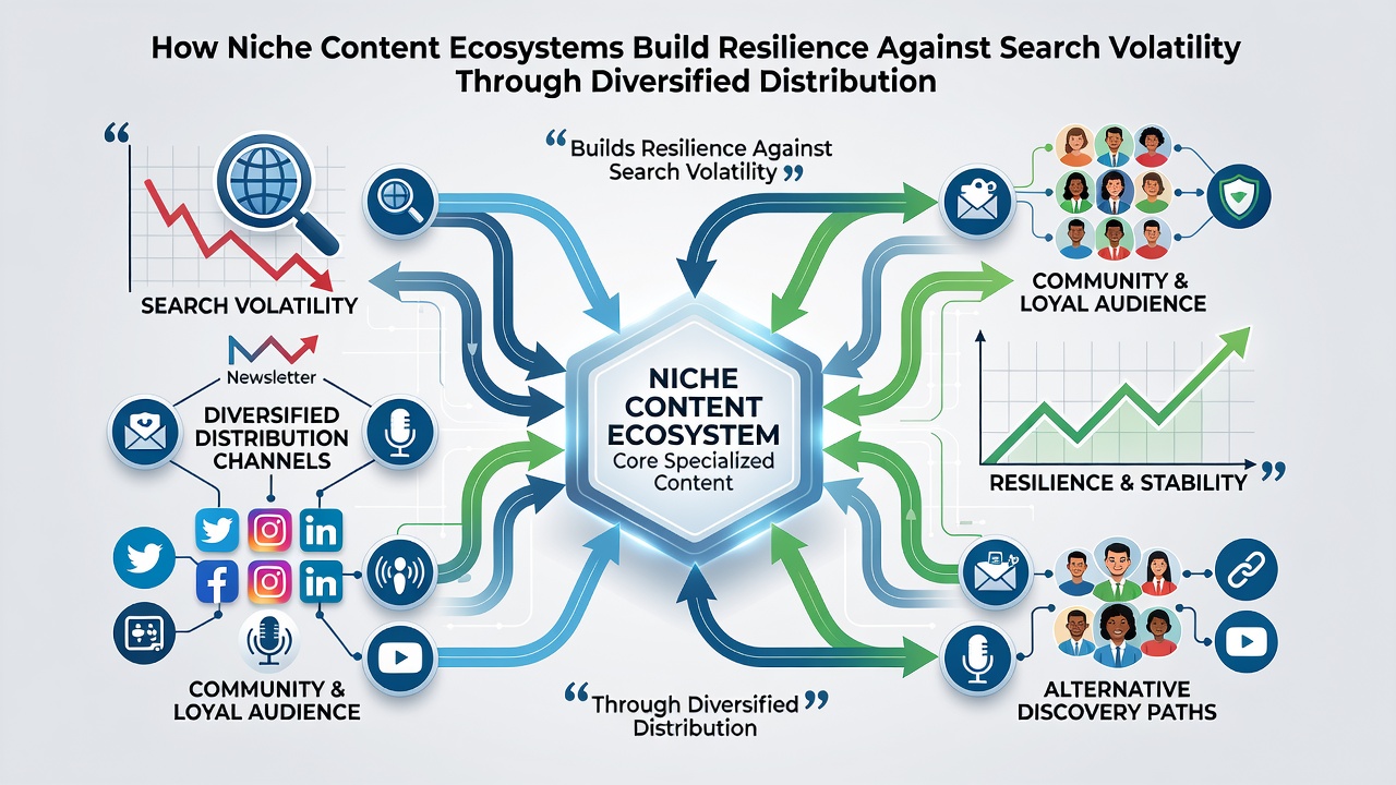 Illustration of content flowing through email, social communities, podcasts and direct apps to maintain audience connections