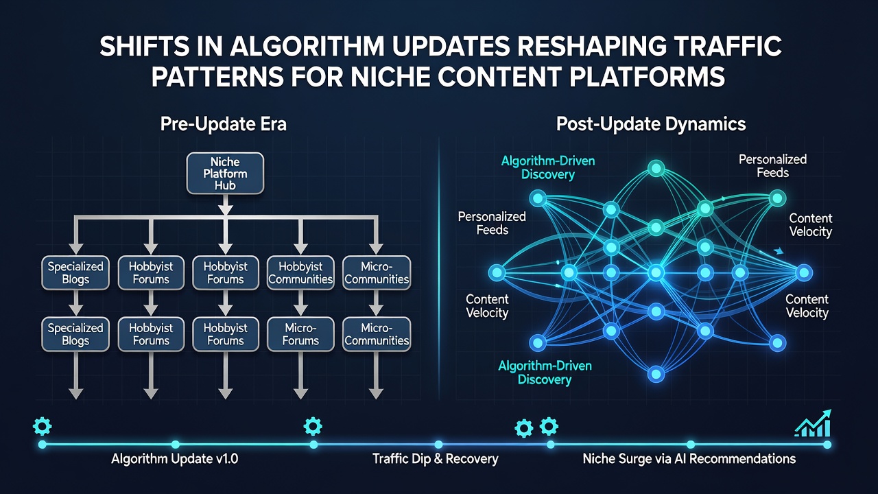 Chart displaying referral traffic redistribution among specialized content sites post-algorithm refresh